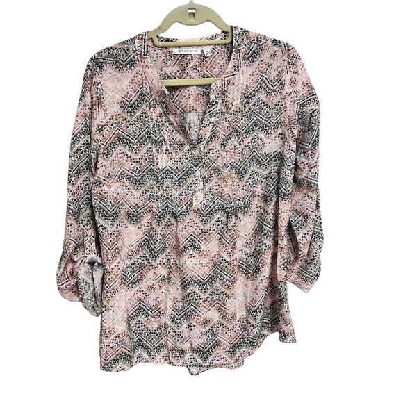 Notations Women's V-Neck Blouse M Multicolor Geometric 3/4 Sleeve Casual - Picture 2 of 6